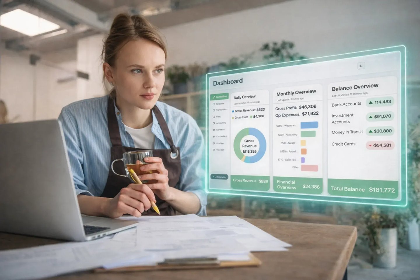 Bookkeeper reviewing live Flow Keeping financials at her workspace