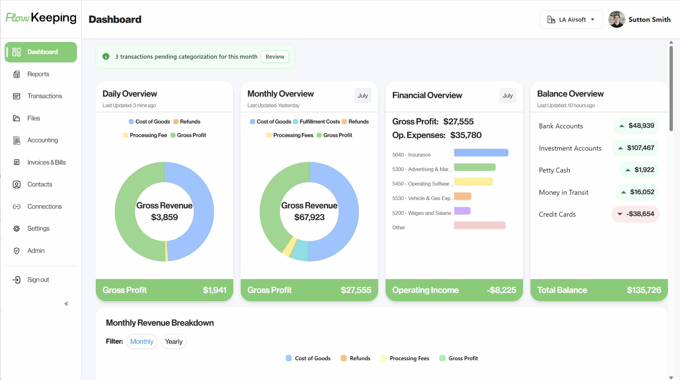 Flow Keeping dashboard with live financial overview cards