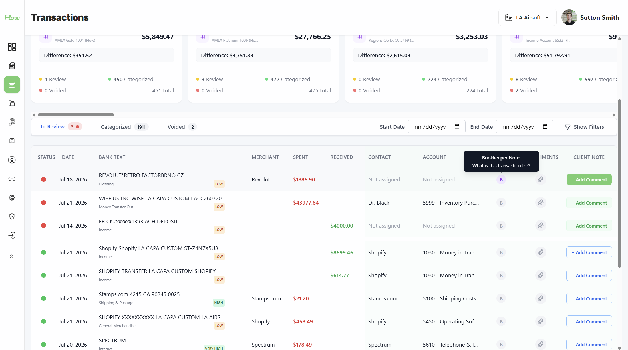 Flow Keeping transactions with merchant, account, and notes