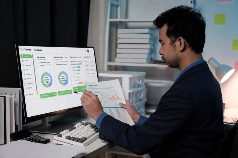 Flow Keeping team reviewing bookkeeping reports and ecommerce performance metrics
