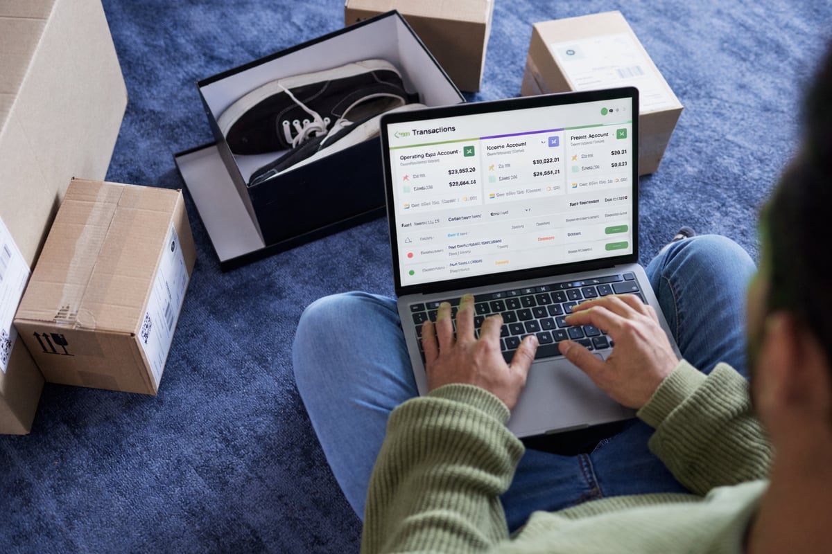 Shoe business owner reviewing transactions on FlowKeeping