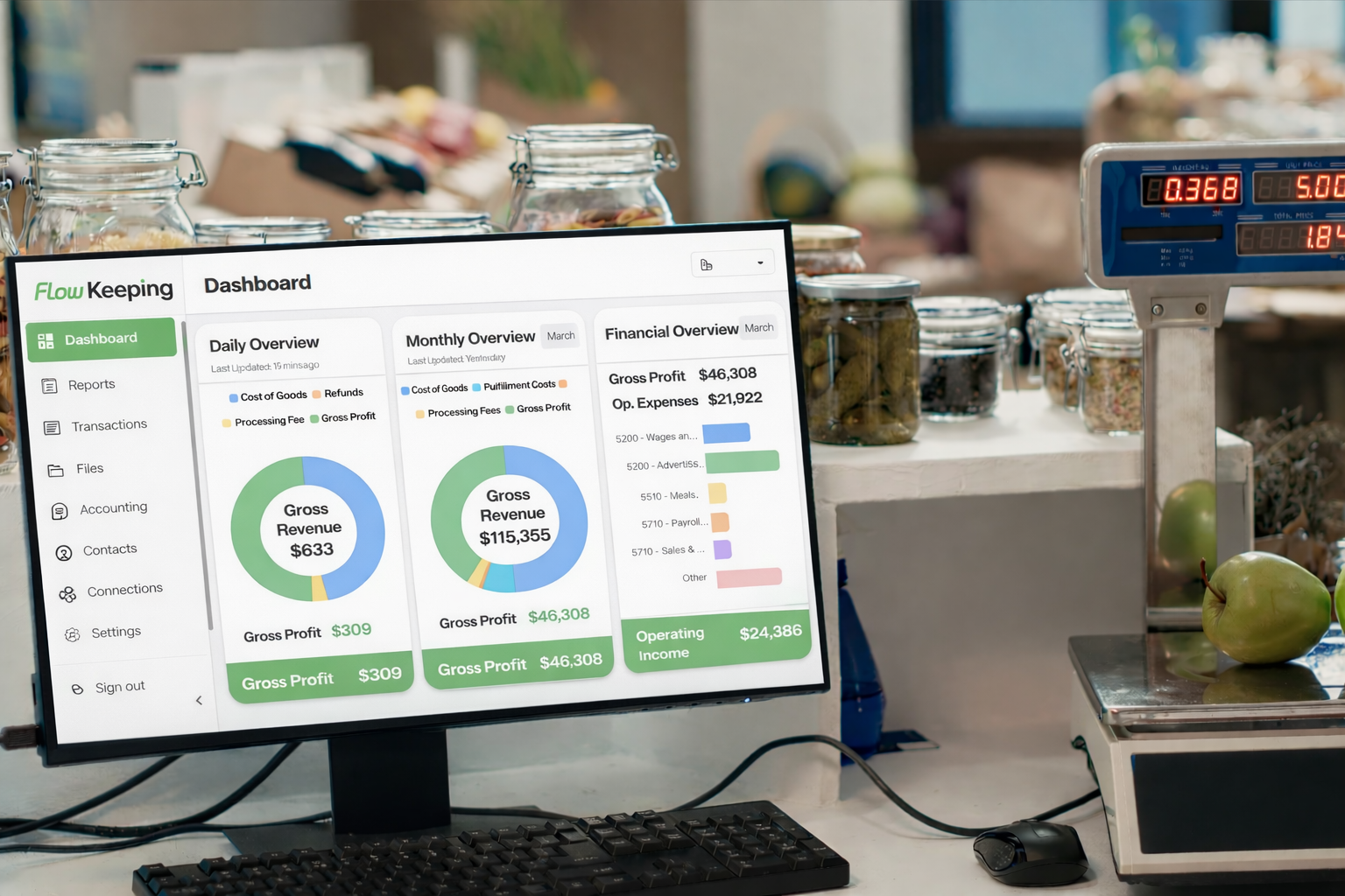 Business owner using Flow Keeping dashboard