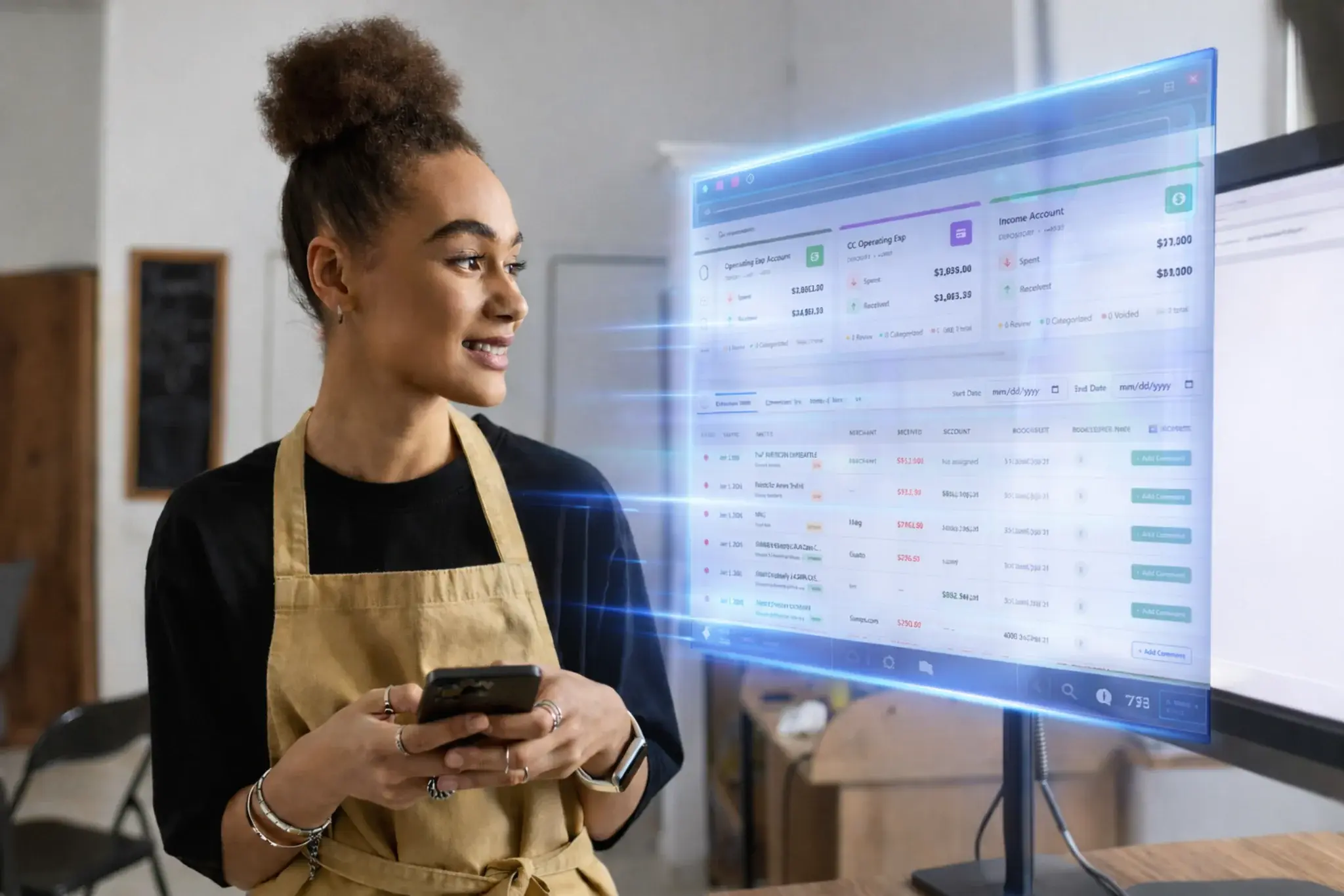 Business owner tracking financial transactions in a glowing workspace