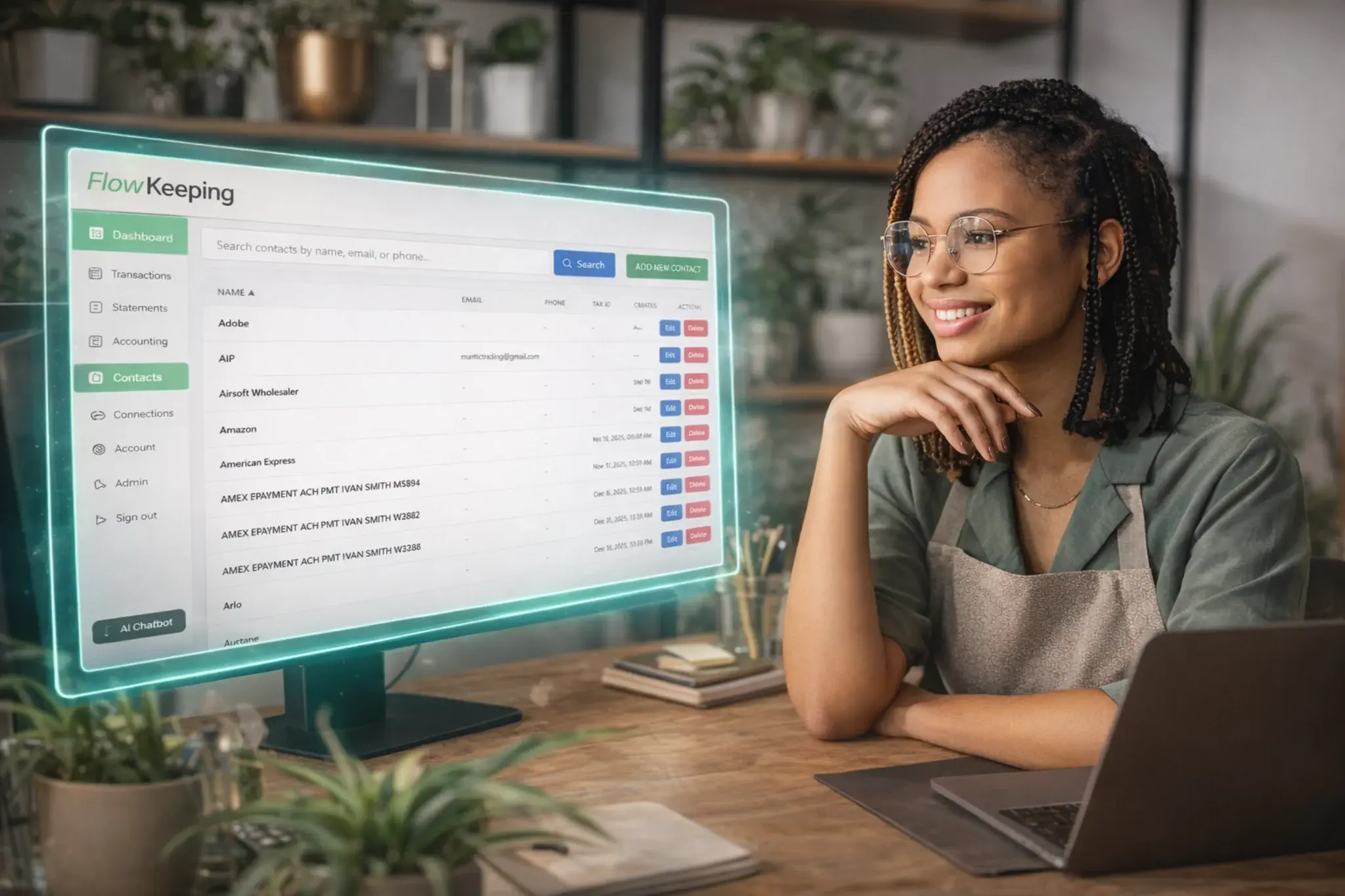 Business owner focused on Flow Keeping contacts in a modern office