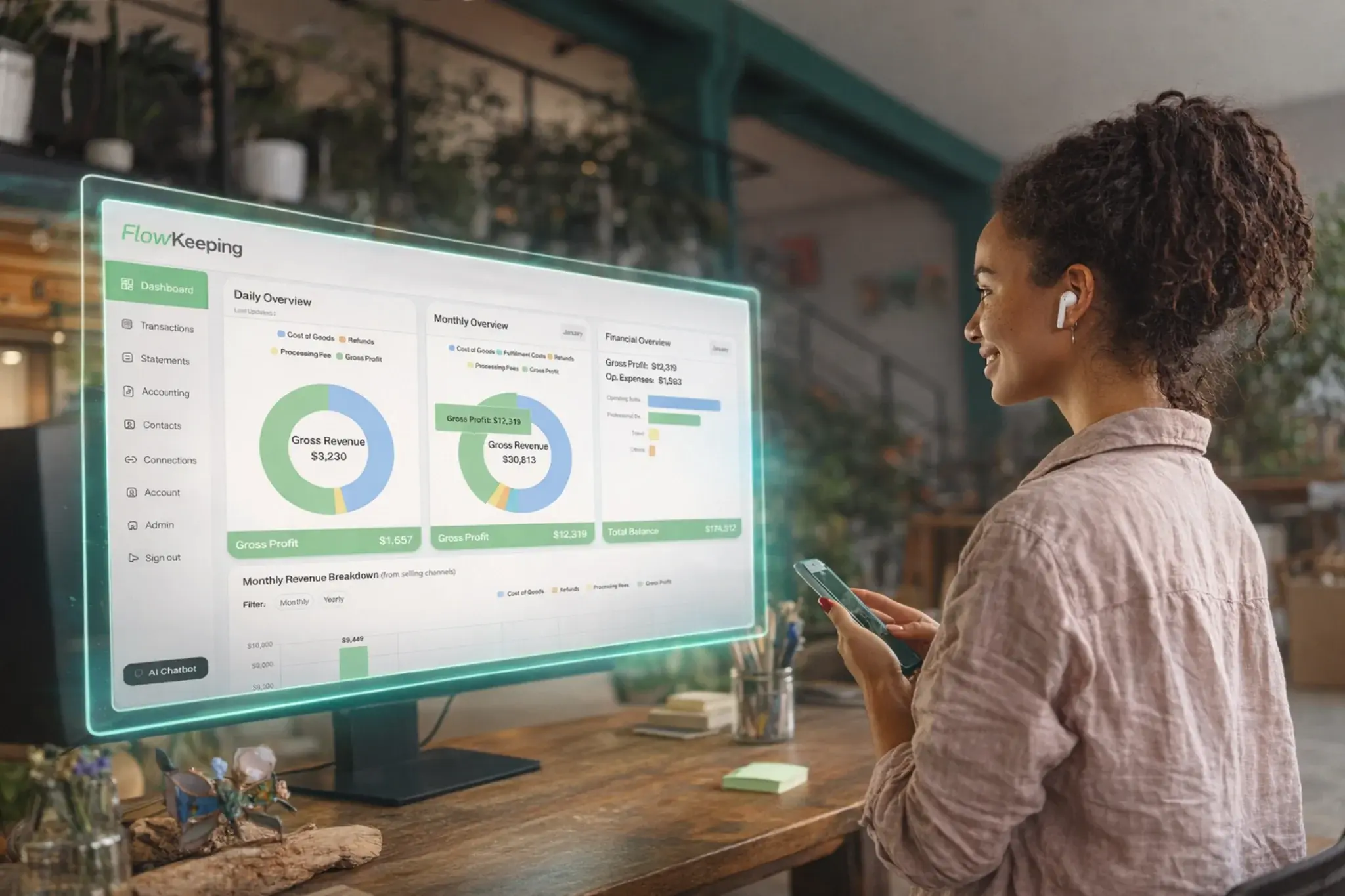 Business owner reviewing finances in a futuristic co-working space