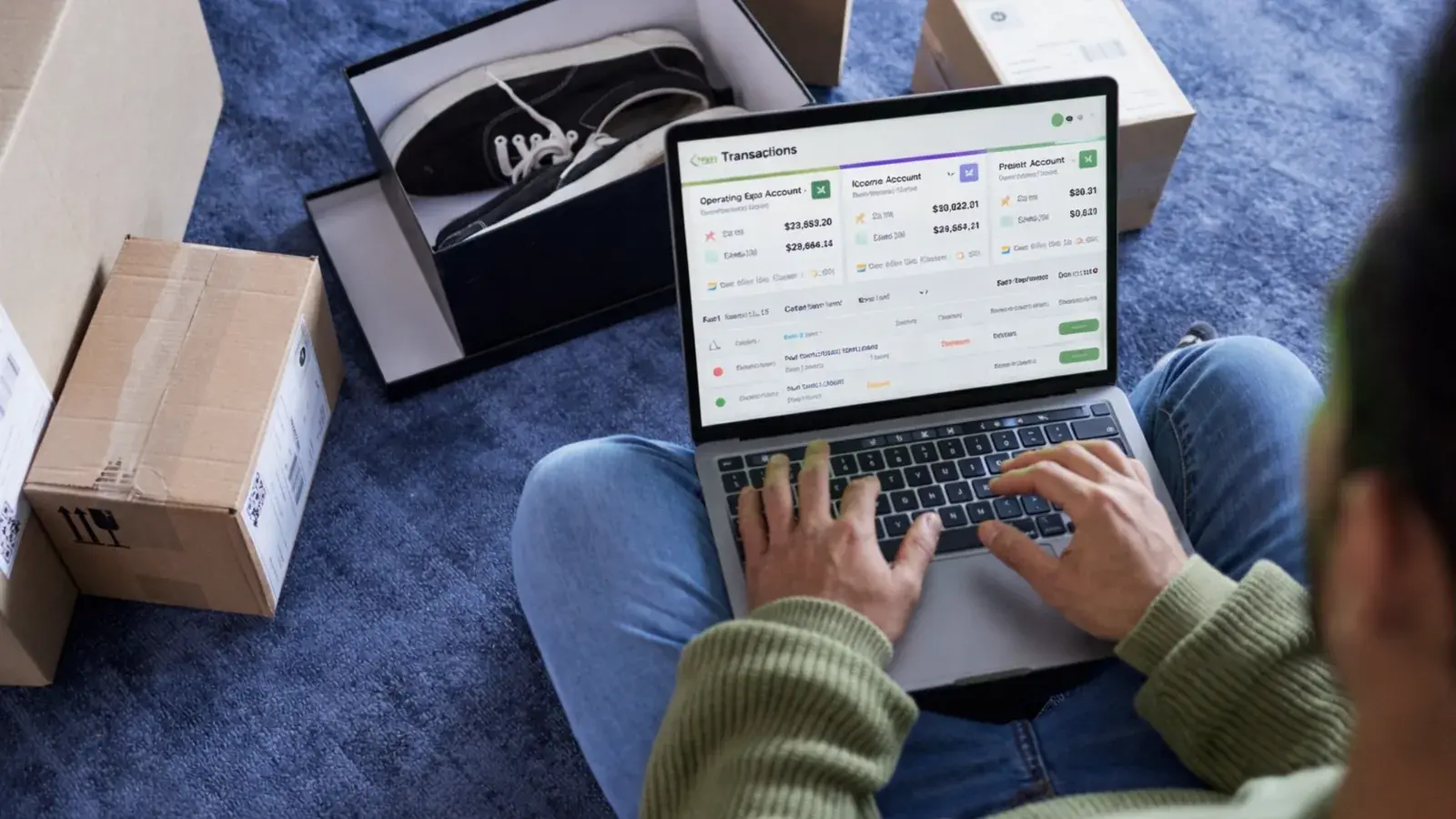 Shoe business owner using Flow Keeping on a laptop