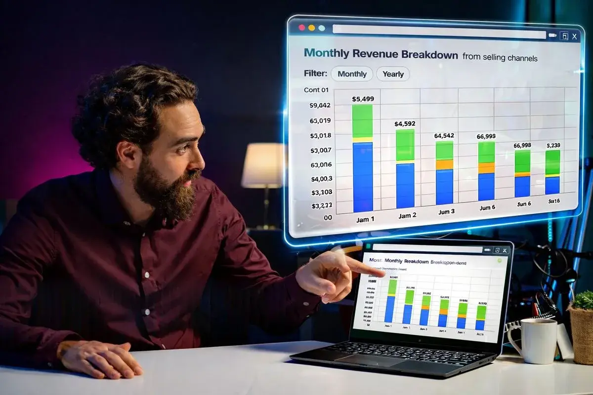 Business analyst presenting Monthly Revenue Breakdown from selling channels
