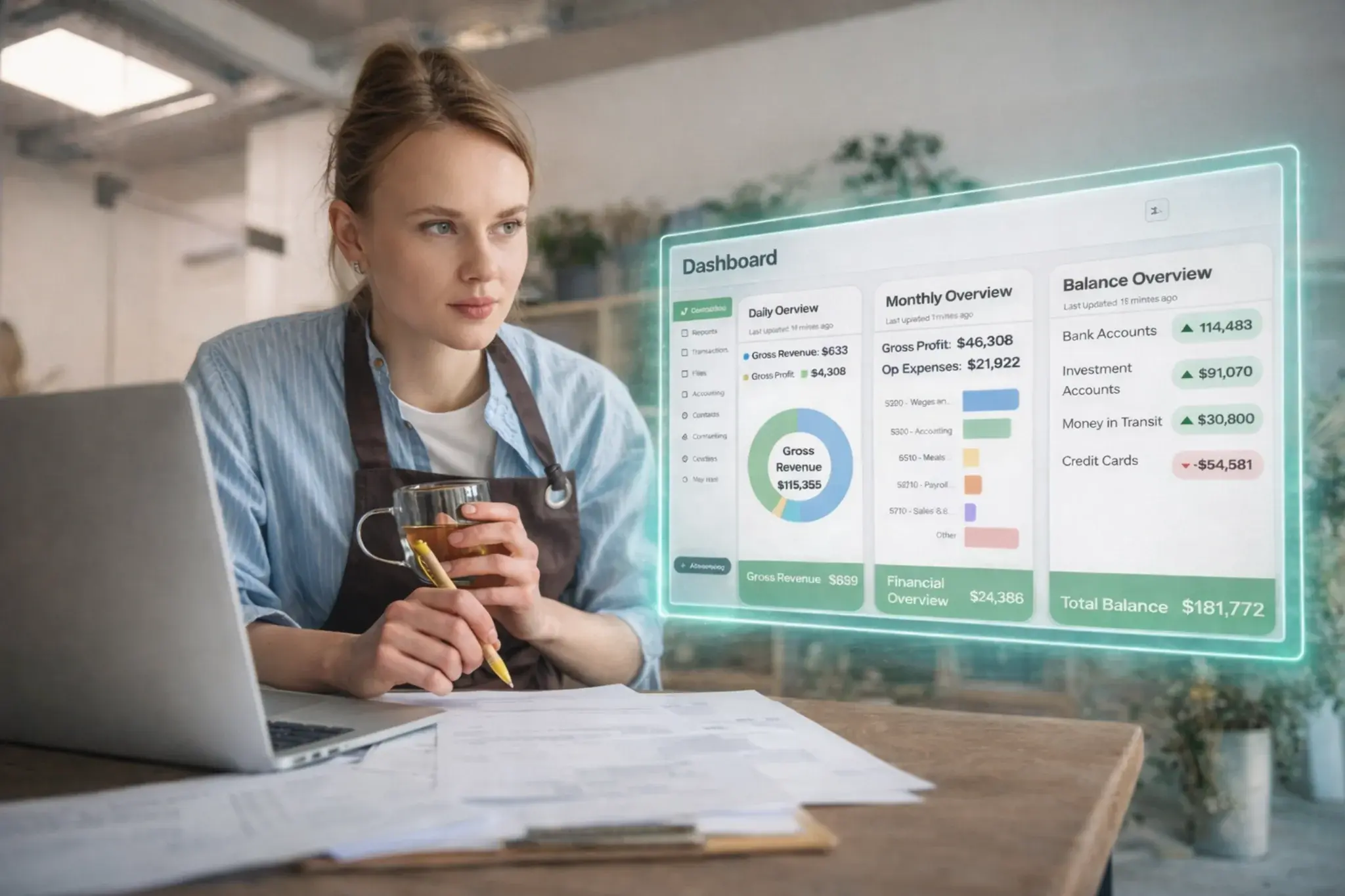 Growing business owner reviewing a live Flow Keeping dashboard