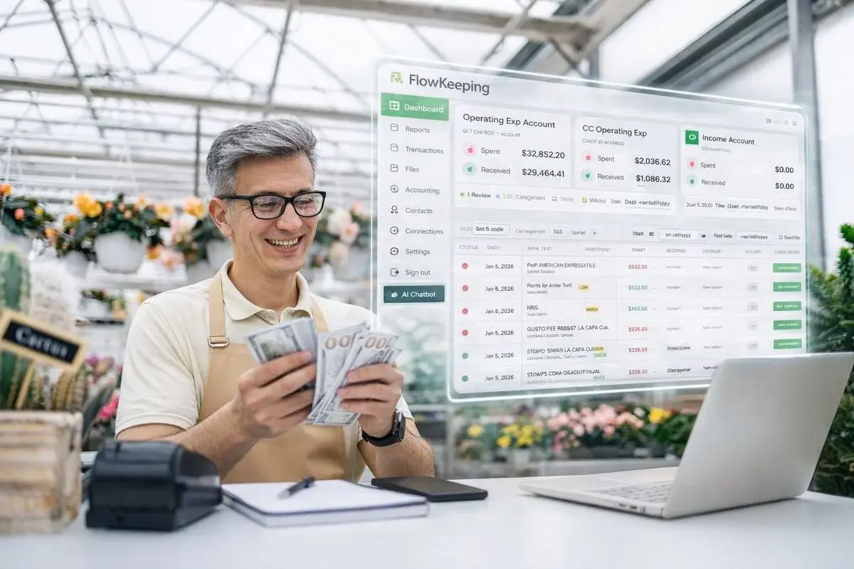 Garden center business owner counting cash with FlowKeeping Transactions