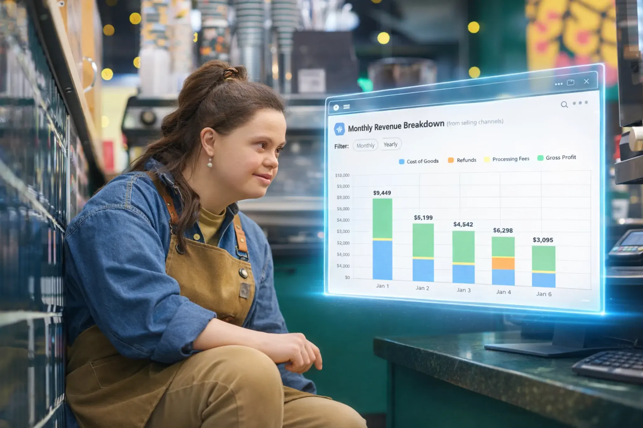 Coffee shop owner reviewing revenue breakdown