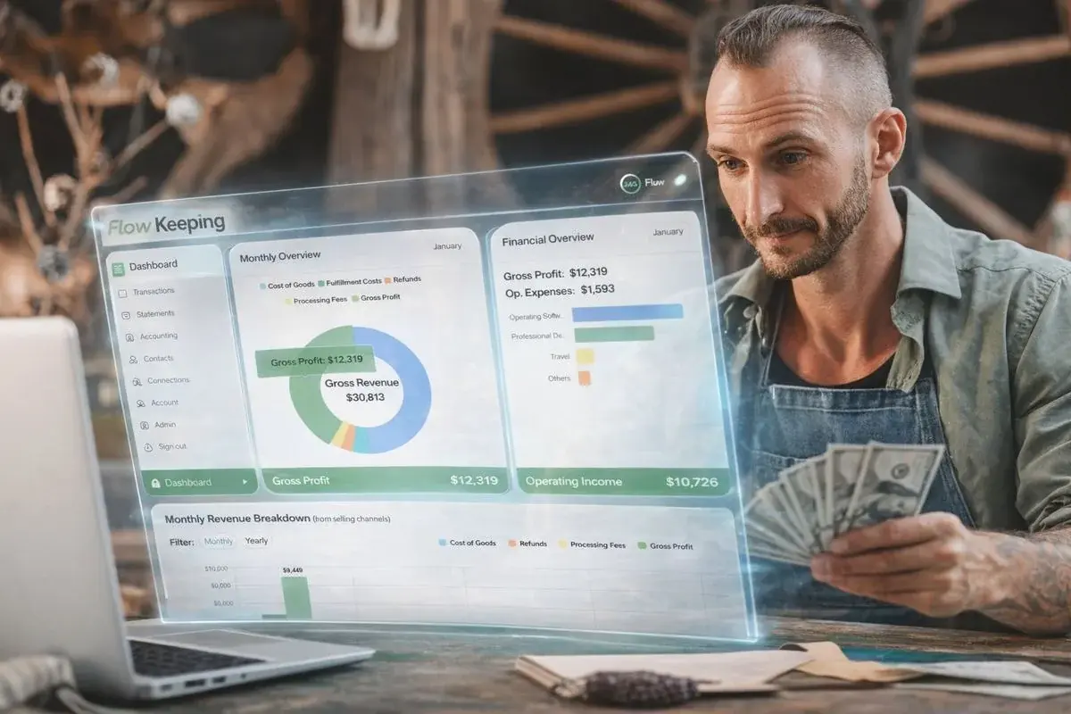 Artisan business owner with FlowKeeping financial dashboard and cash